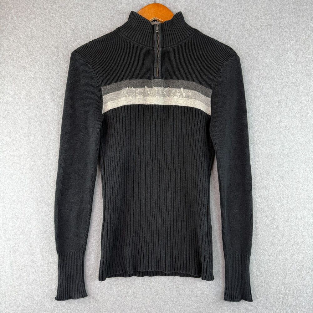 VTG Calvin Klein Black/Gray Ribbed Knit Half Zip Sweater Y2K/90's Retro Size M